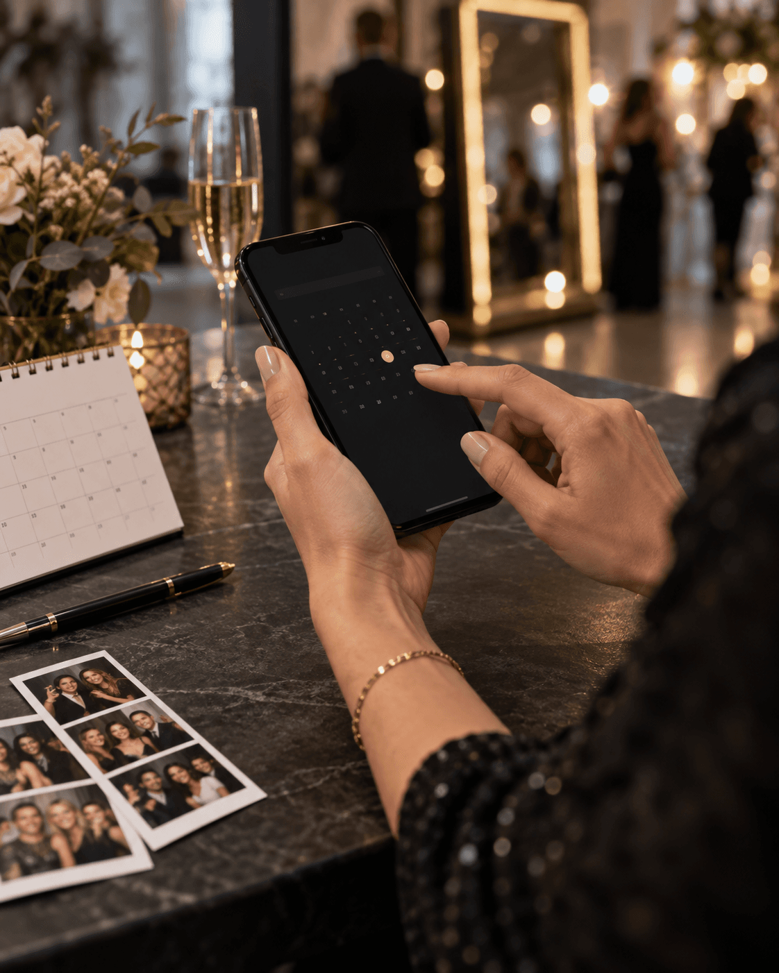 Eventplanung am Smartphone mit Kalender und Fotostreifen auf einem Tisch